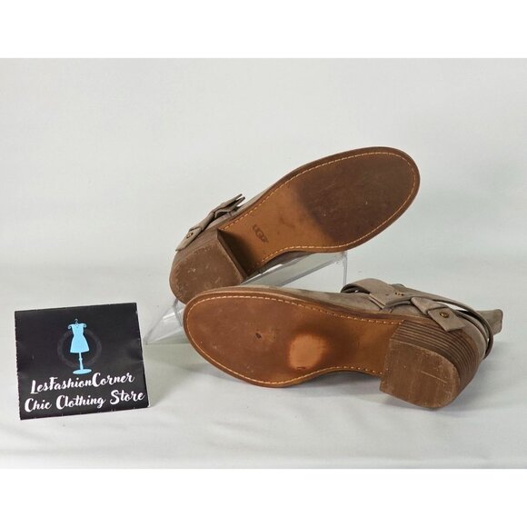 UGG Elora Sahara Women's Taupe Suede Leather Ankle Boots Heel Size 7.5 217 - Picture 10 of 16